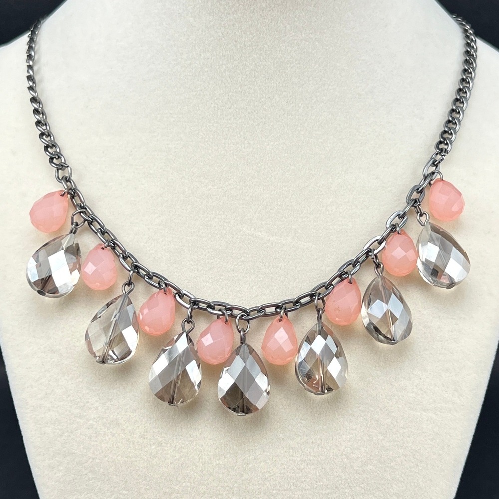 Crystal Statement Necklace Pink Faceted Teardrop Gunmetal Simply Vera Wang